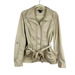 White House Black Market WHBM Lightweight Jacket Women 14 Tan Beige Roll Tab